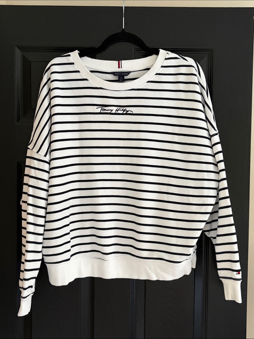 Tommy Hilfiger White and Black Striped Crewneck Sweatshirt